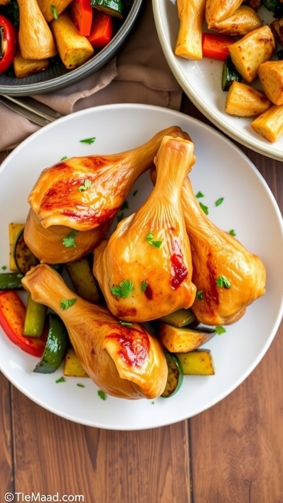 Baked chicken drumsticks on a plate with herbs and roasted vegetables.